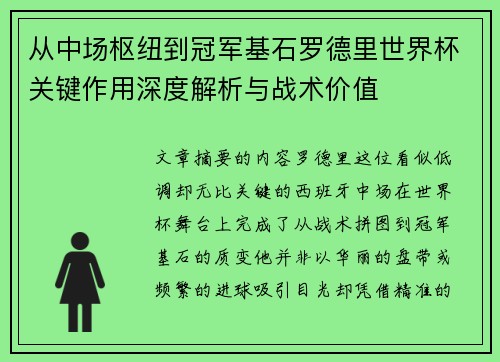 从中场枢纽到冠军基石罗德里世界杯关键作用深度解析与战术价值